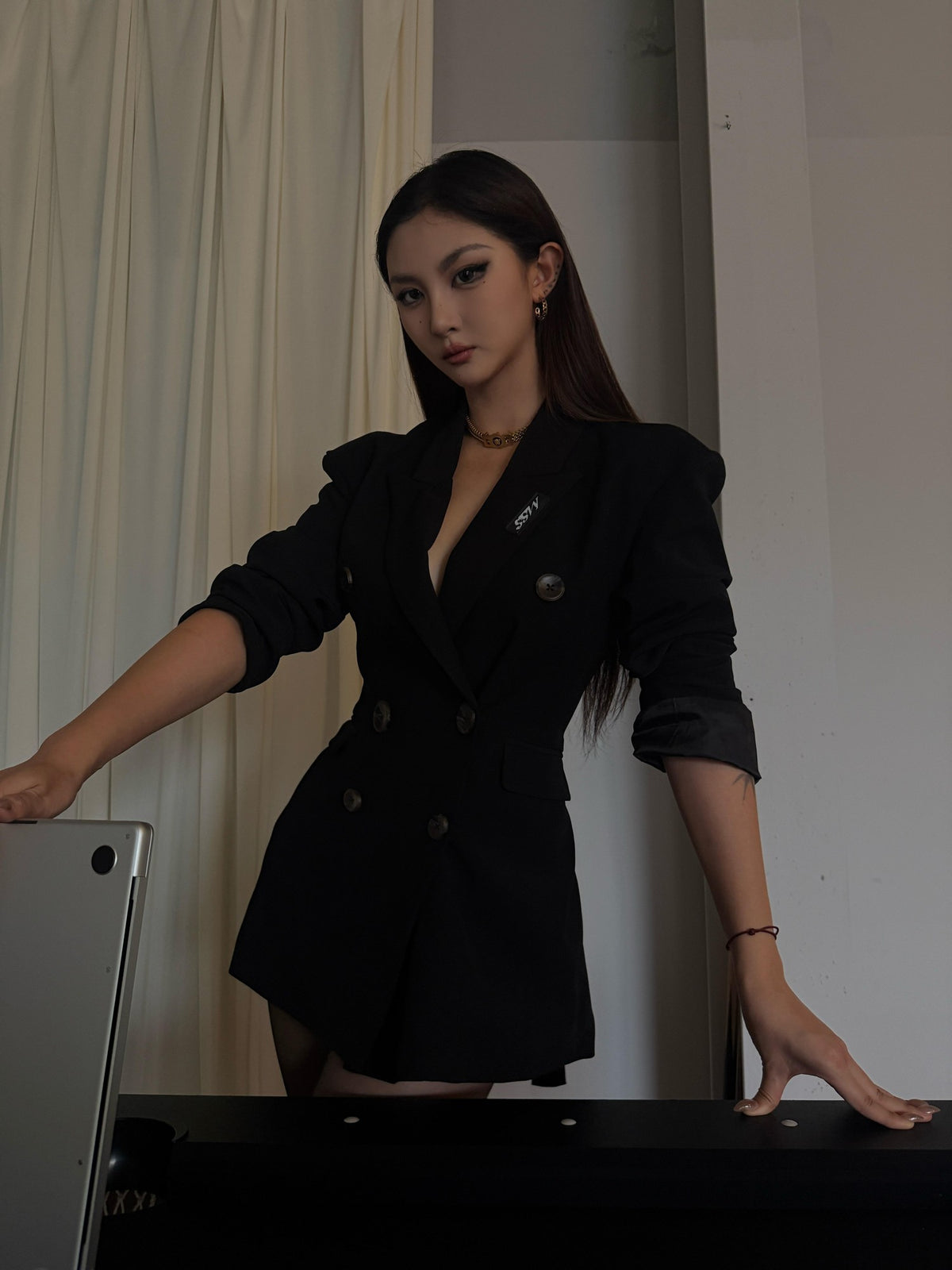 mss studio Double Breasted Waist Cinching Long Sleeve Women&