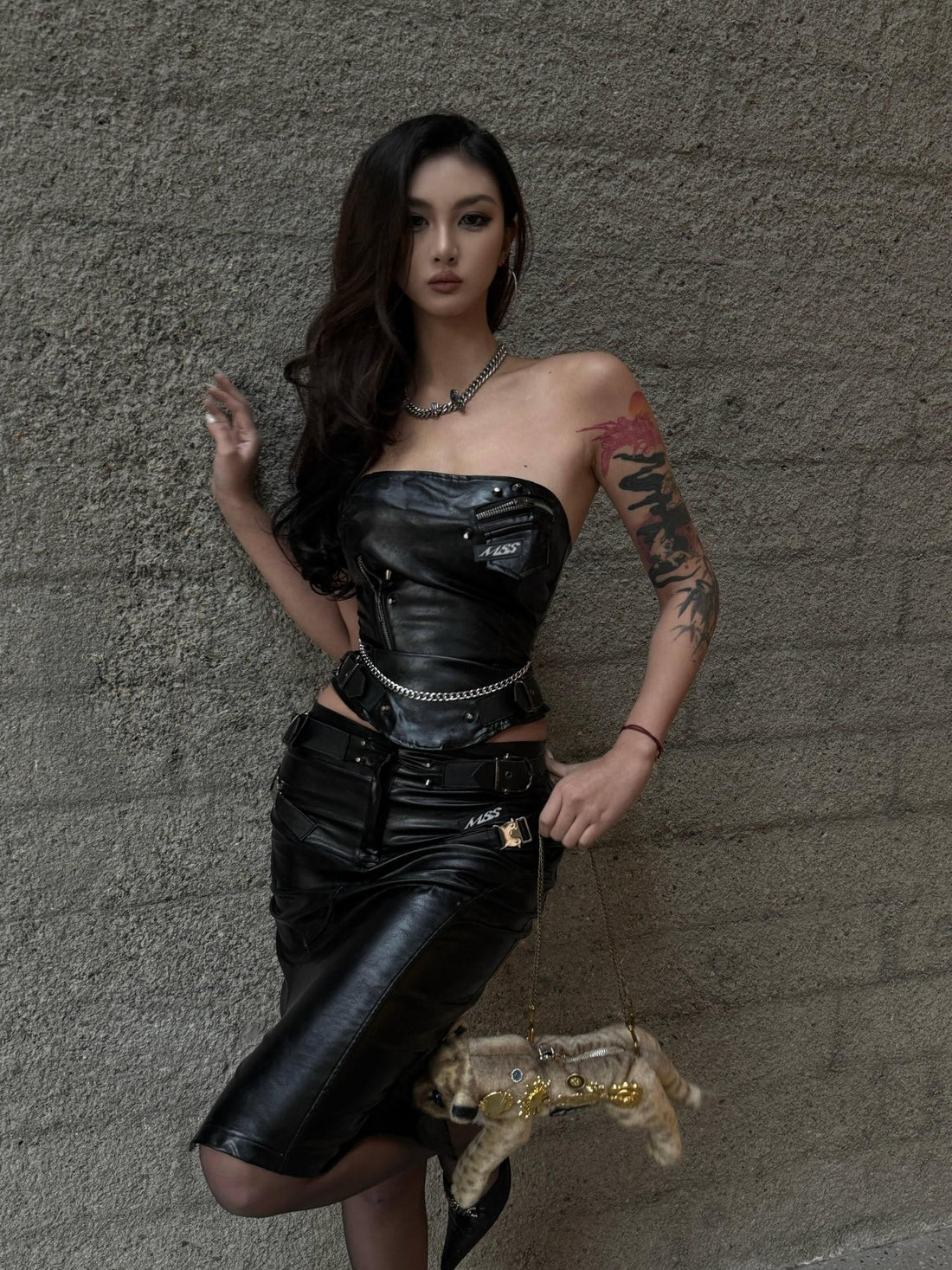 mss studio Edgy Punk Metal Waist Cinch Bandeau Women&