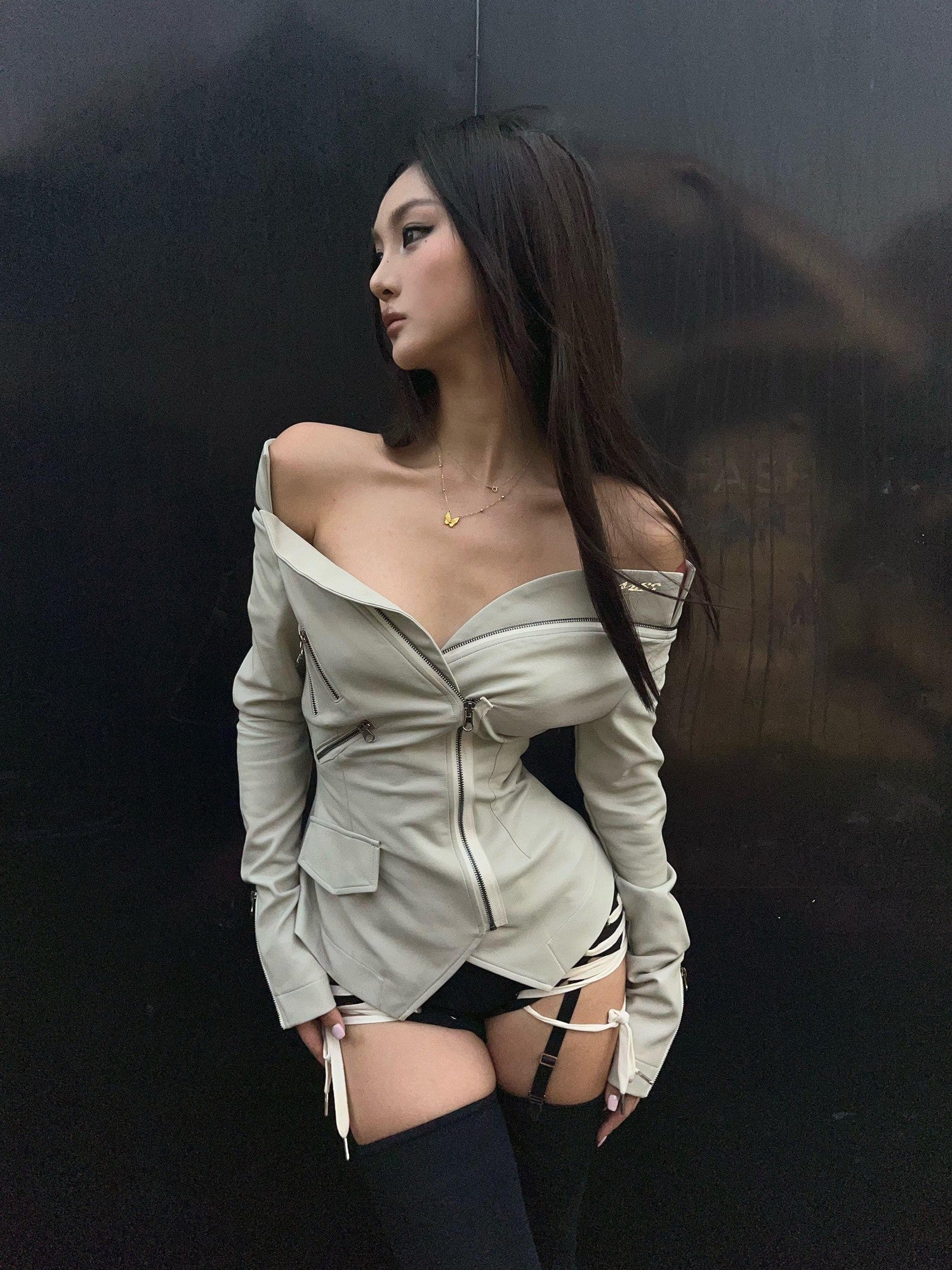 mss studio Light Gray One Shoulder Cinched Waist Women&