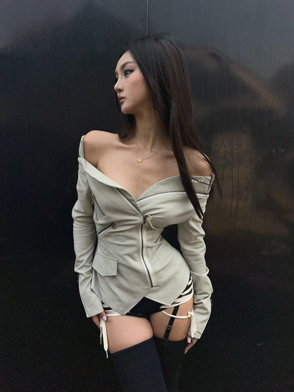 mss studio Light Gray One Shoulder Cinched Waist Women&
