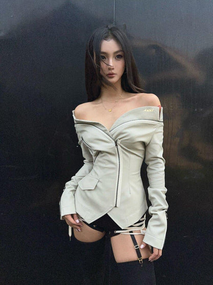 mss studio Light Gray One Shoulder Cinched Waist Women&