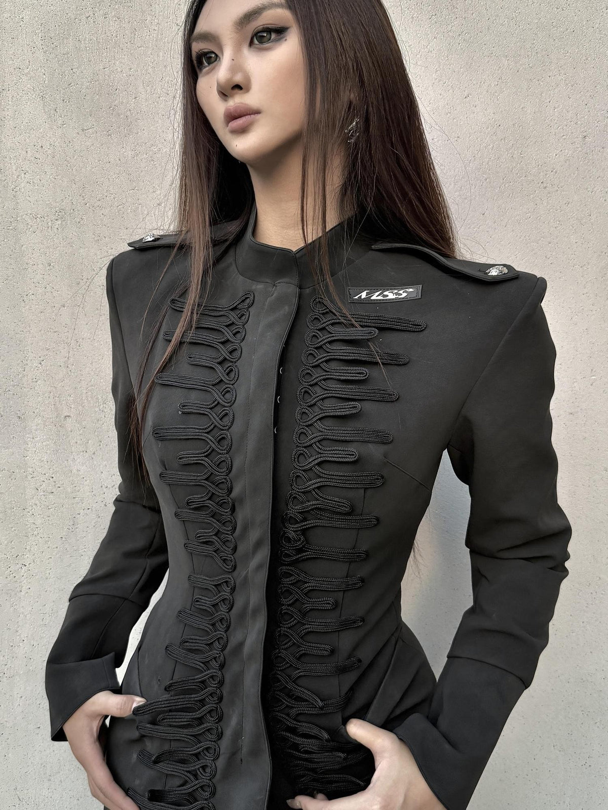 mss studio Padded Shoulder Cinched Waist Flared Sleeve Longline Faux Leather Women&