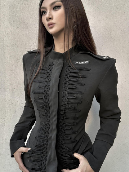 mss studio Padded Shoulder Cinched Waist Flared Sleeve Longline Faux Leather Women&