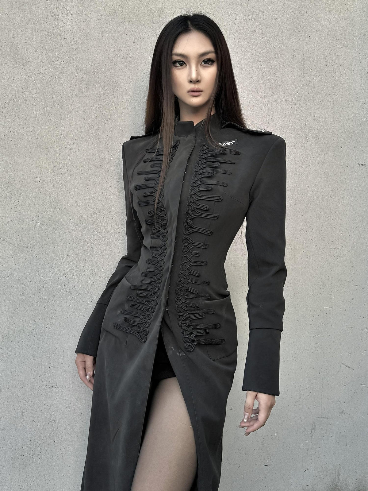 mss studio Padded Shoulder Cinched Waist Flared Sleeve Longline Faux Leather Women&