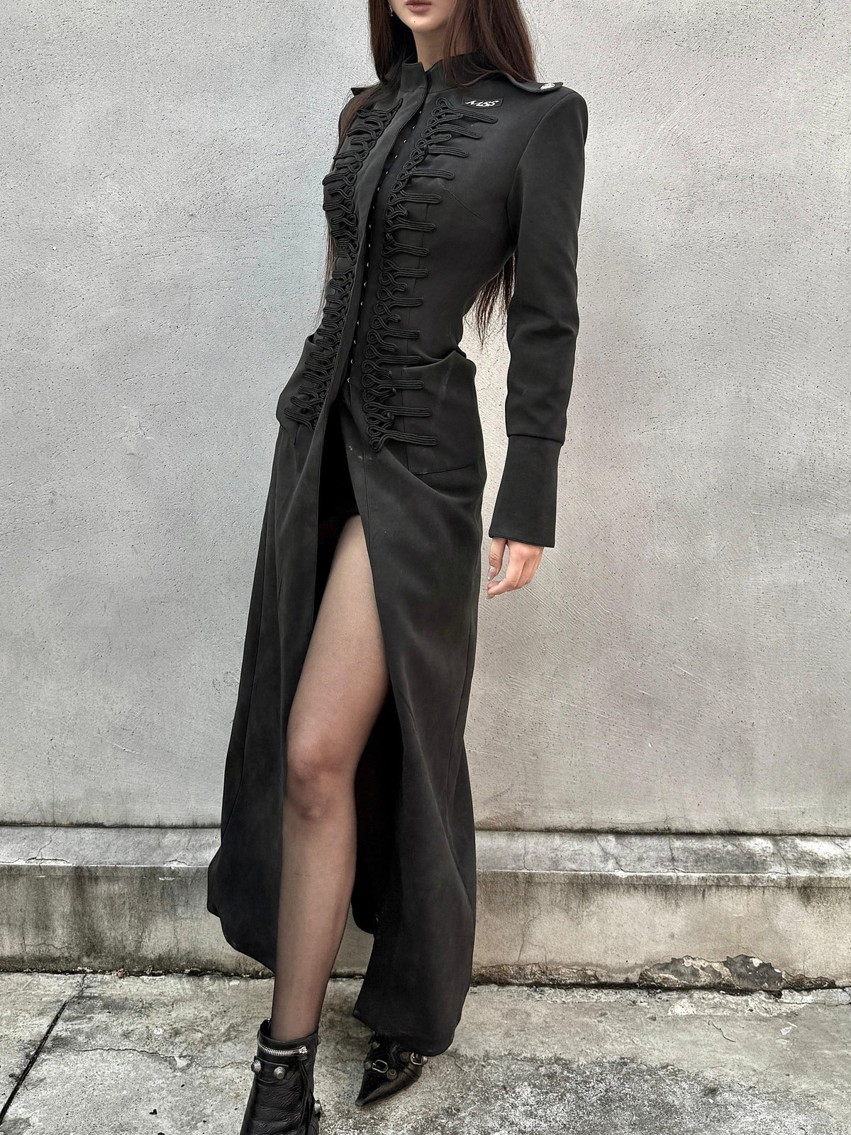 mss studio Padded Shoulder Cinched Waist Flared Sleeve Longline Faux Leather Women&