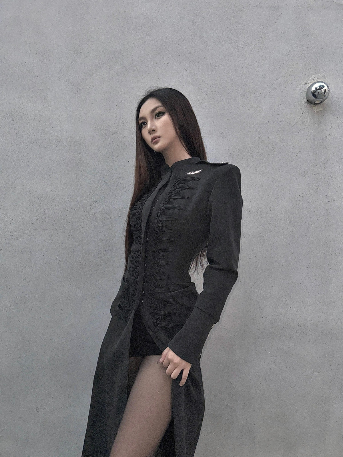 mss studio Padded Shoulder Cinched Waist Flared Sleeve Longline Faux Leather Women&