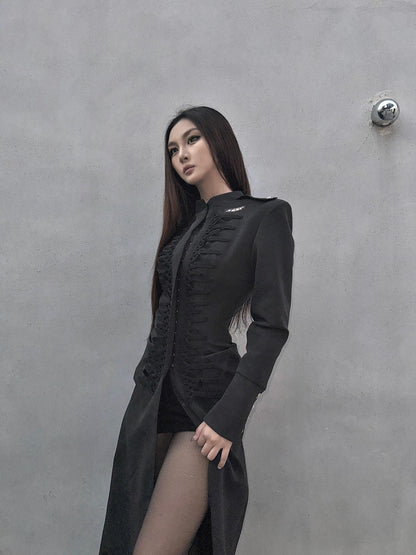 mss studio Padded Shoulder Cinched Waist Flared Sleeve Longline Faux Leather Women&