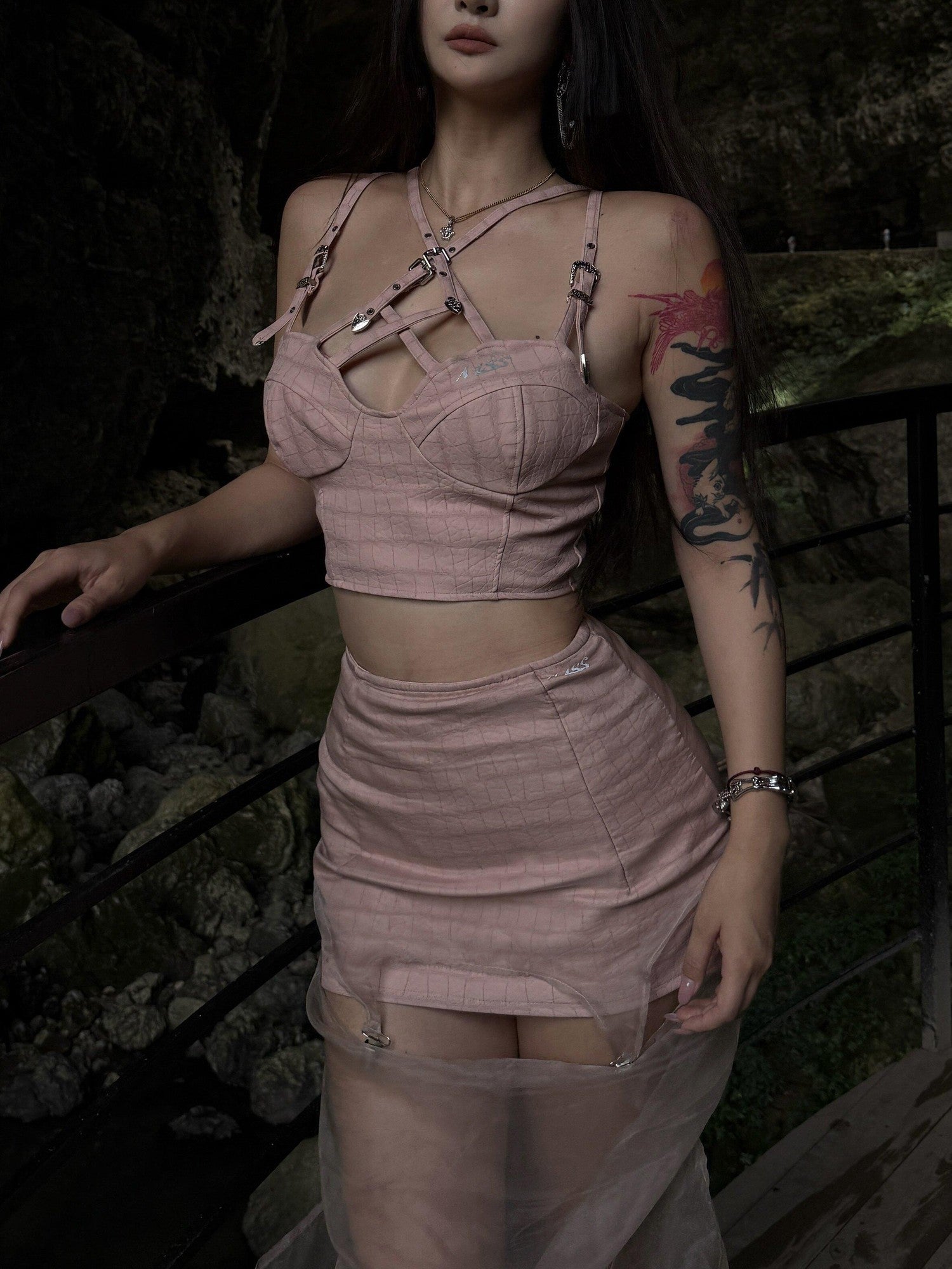mss studio Pink Croc Embossed Floral Buckle Strappy Women&