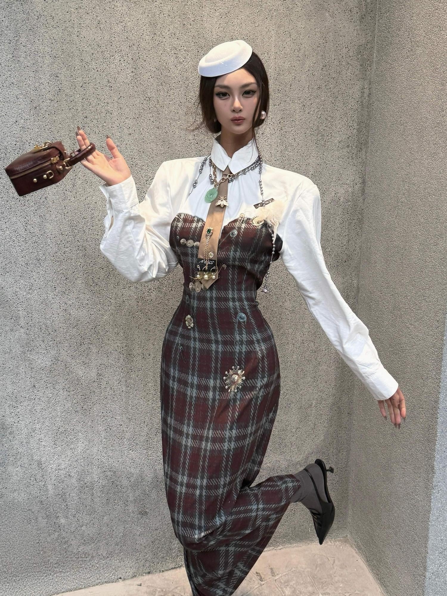 mss studio Plaid Long Sleeve Padded Shoulders Cinched Waist Women&