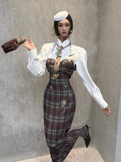 mss studio Plaid Long Sleeve Padded Shoulders Cinched Waist Women&
