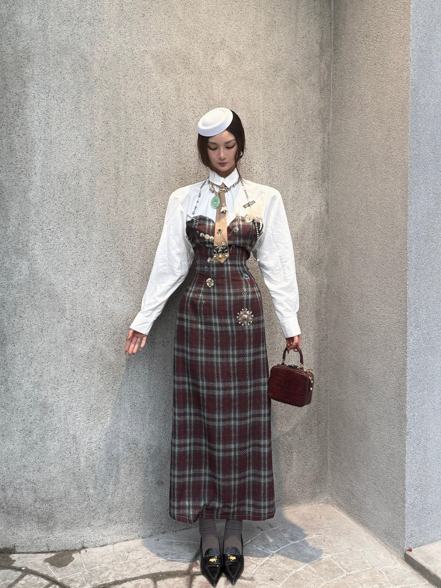 mss studio Plaid Long Sleeve Padded Shoulders Cinched Waist Women&
