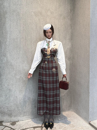 mss studio Plaid Long Sleeve Padded Shoulders Cinched Waist Women&