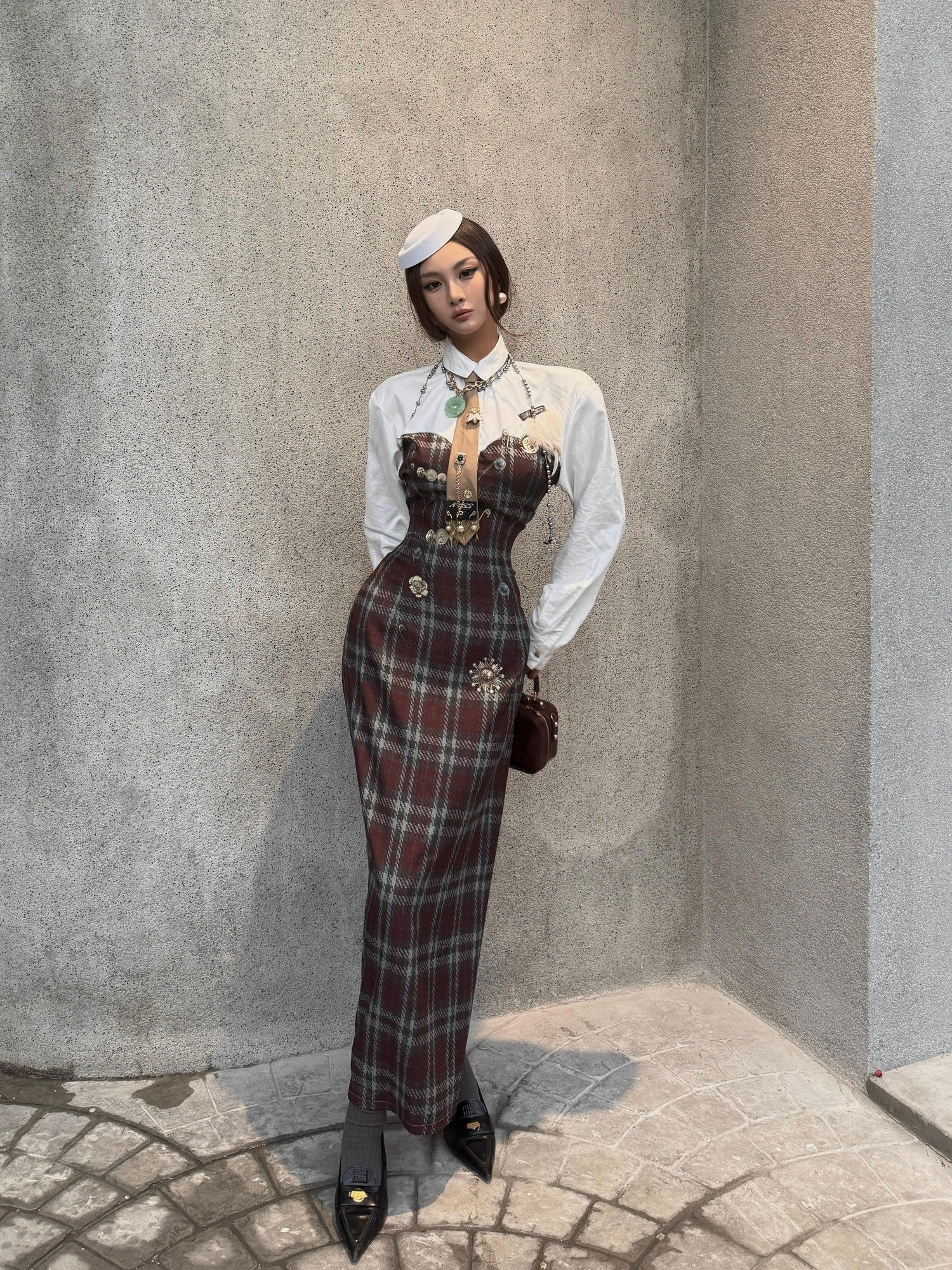 mss studio Plaid Long Sleeve Padded Shoulders Cinched Waist Women&