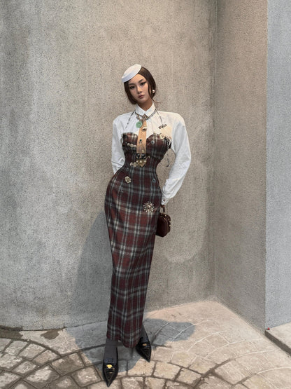 mss studio Plaid Long Sleeve Padded Shoulders Cinched Waist Women&
