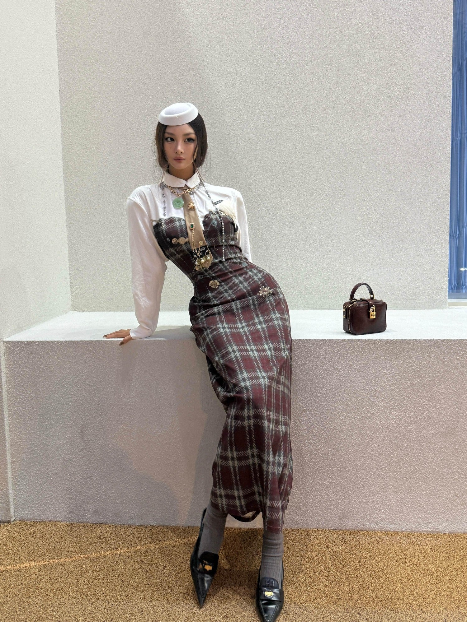 mss studio Plaid Long Sleeve Padded Shoulders Cinched Waist Women&
