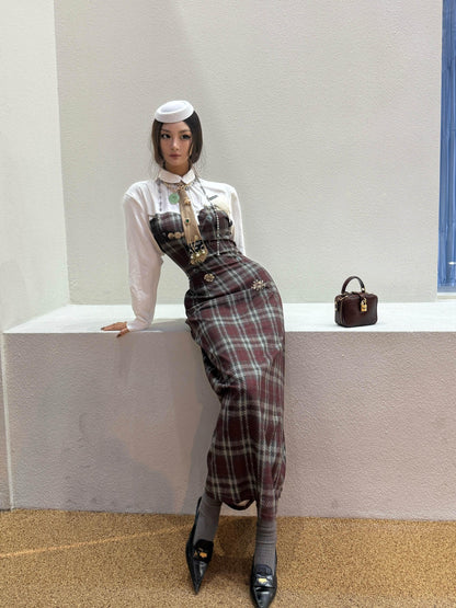mss studio Plaid Long Sleeve Padded Shoulders Cinched Waist Women&