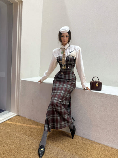 mss studio Plaid Long Sleeve Padded Shoulders Cinched Waist Women&
