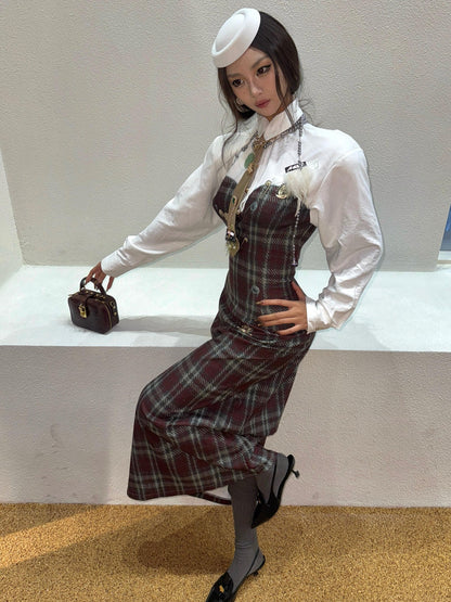 mss studio Plaid Long Sleeve Padded Shoulders Cinched Waist Women&