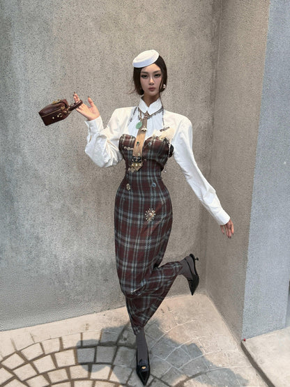 mss studio Plaid Long Sleeve Padded Shoulders Cinched Waist Women&