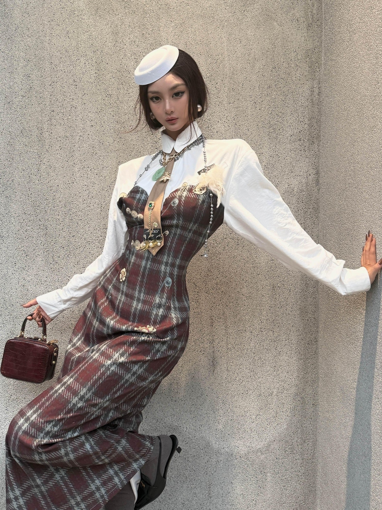 mss studio Plaid Long Sleeve Padded Shoulders Cinched Waist Women&