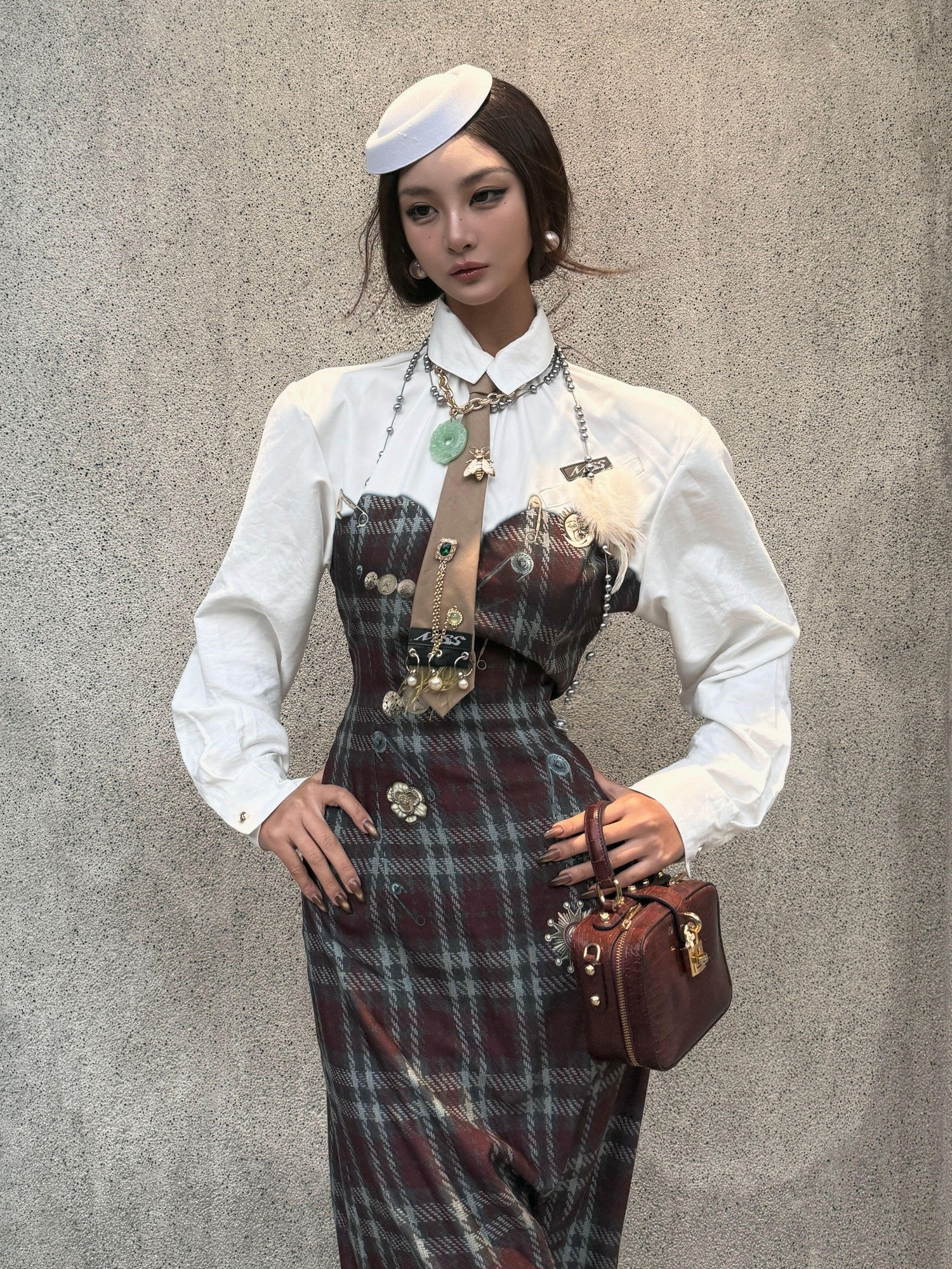 mss studio Plaid Long Sleeve Padded Shoulders Cinched Waist Women&
