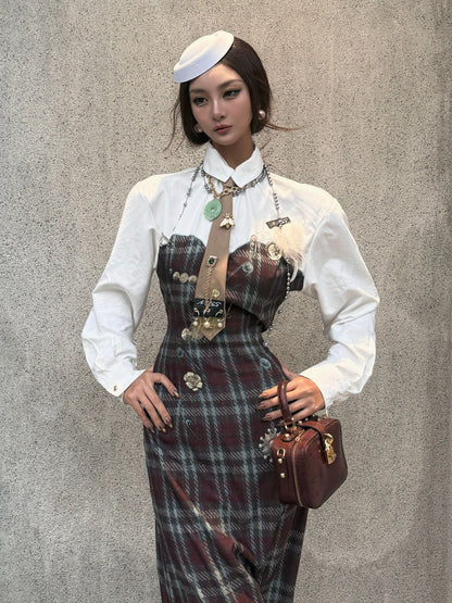mss studio Plaid Long Sleeve Padded Shoulders Cinched Waist Women&
