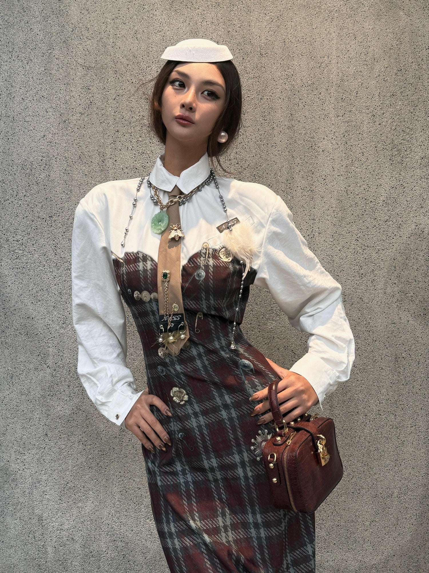 mss studio Plaid Long Sleeve Padded Shoulders Cinched Waist Women&