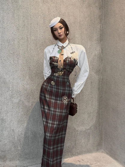 mss studio Plaid Long Sleeve Padded Shoulders Cinched Waist Women&