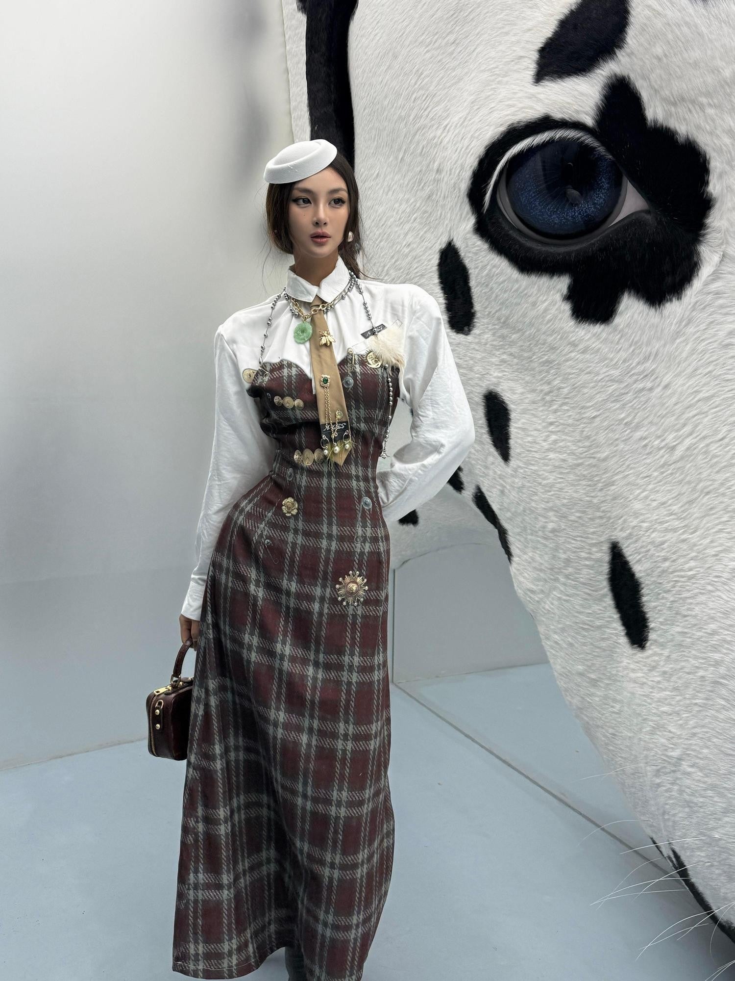 mss studio Plaid Long Sleeve Padded Shoulders Cinched Waist Women&