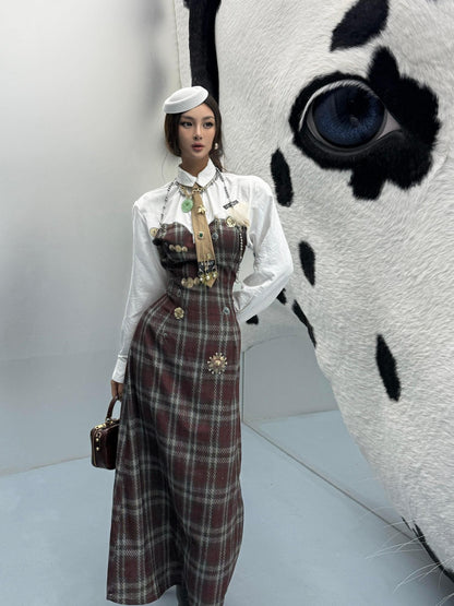 mss studio Plaid Long Sleeve Padded Shoulders Cinched Waist Women&