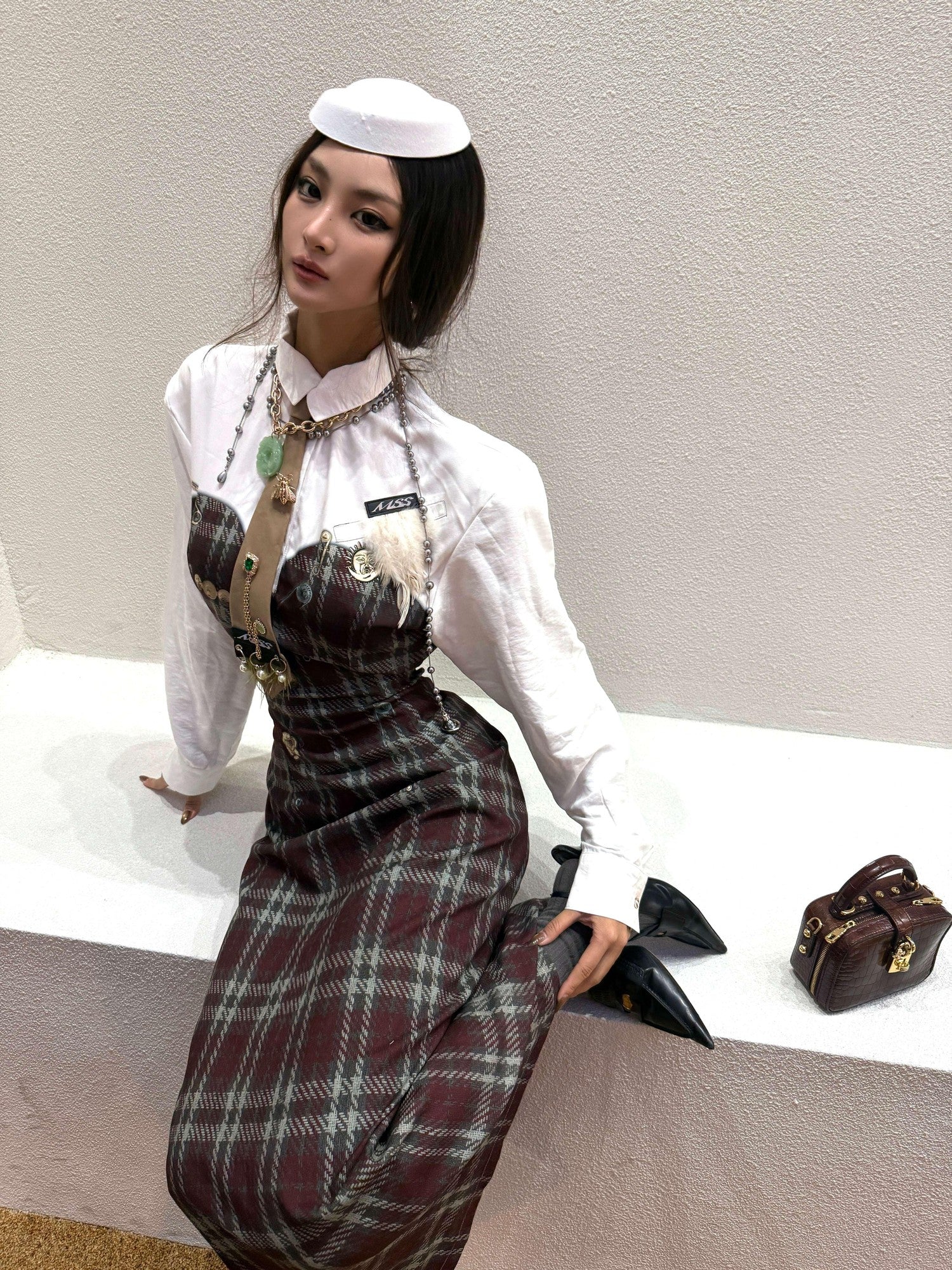 mss studio Plaid Long Sleeve Padded Shoulders Cinched Waist Women&