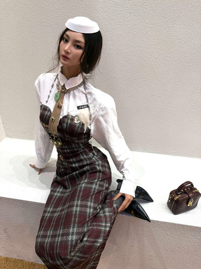 mss studio Plaid Long Sleeve Padded Shoulders Cinched Waist Women&
