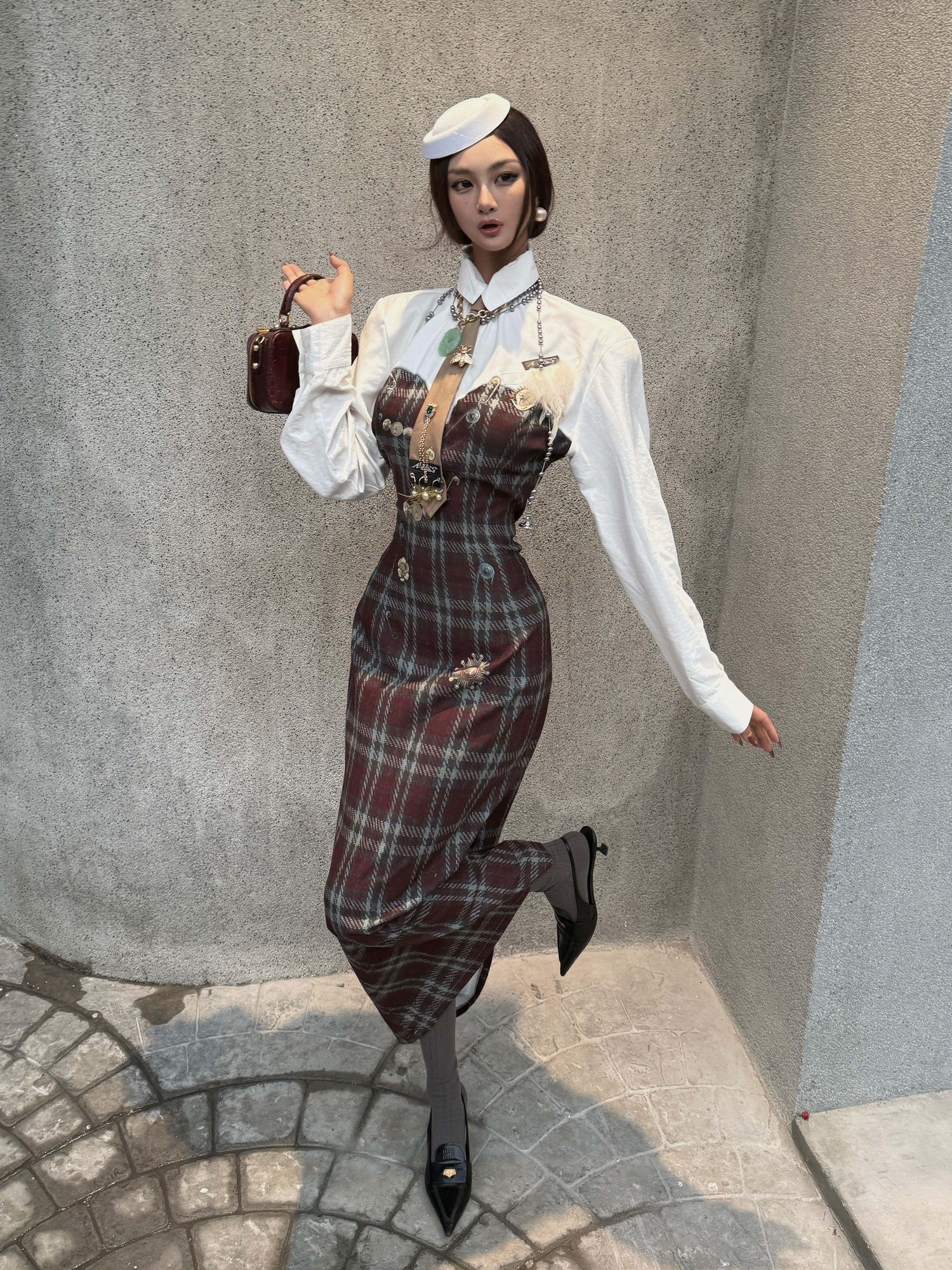 mss studio Plaid Long Sleeve Padded Shoulders Cinched Waist Women&