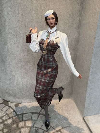 mss studio Plaid Long Sleeve Padded Shoulders Cinched Waist Women&