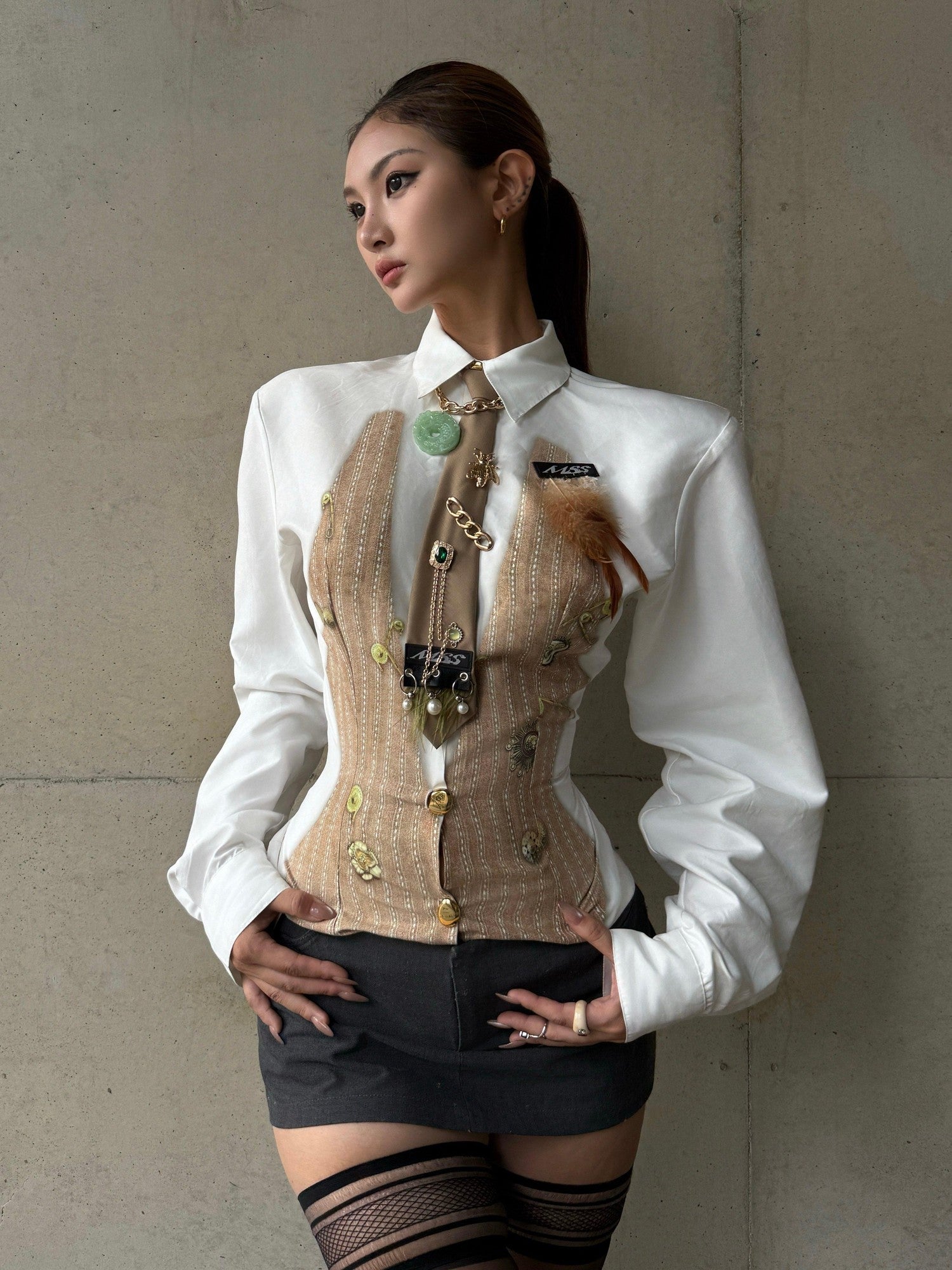 mss studio Playful Office Striped Padded Shoulders Cinched Waist Women&