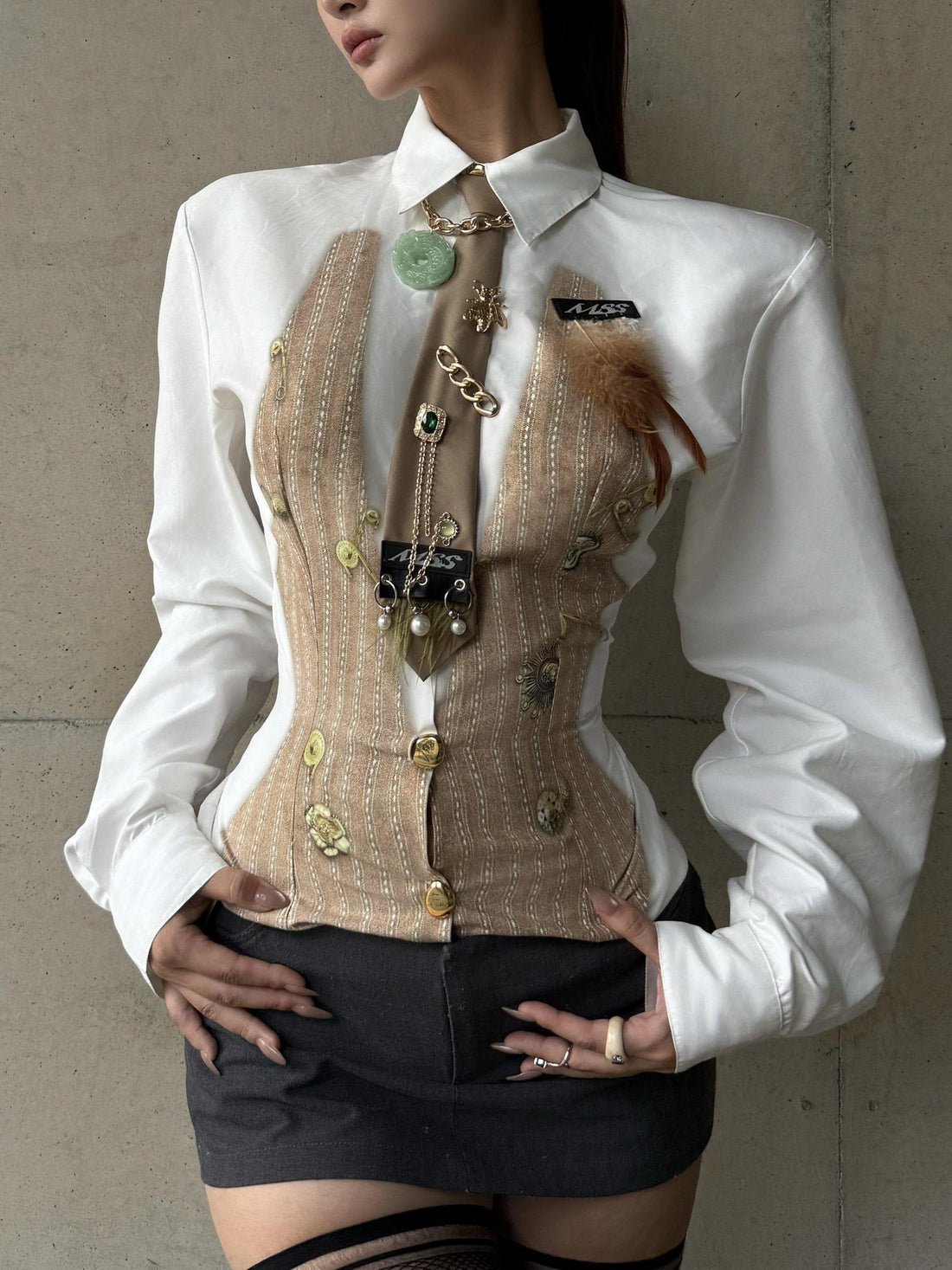 mss studio Playful Office Striped Padded Shoulders Cinched Waist Women&