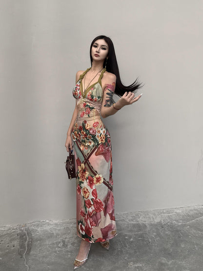 mss studio Romantic Floral Print Spliced Lace Slimming Women&
