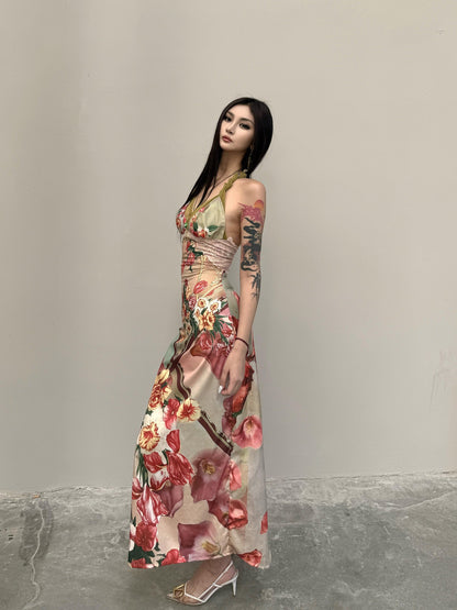 mss studio Romantic Floral Print Spliced Lace Slimming Women&