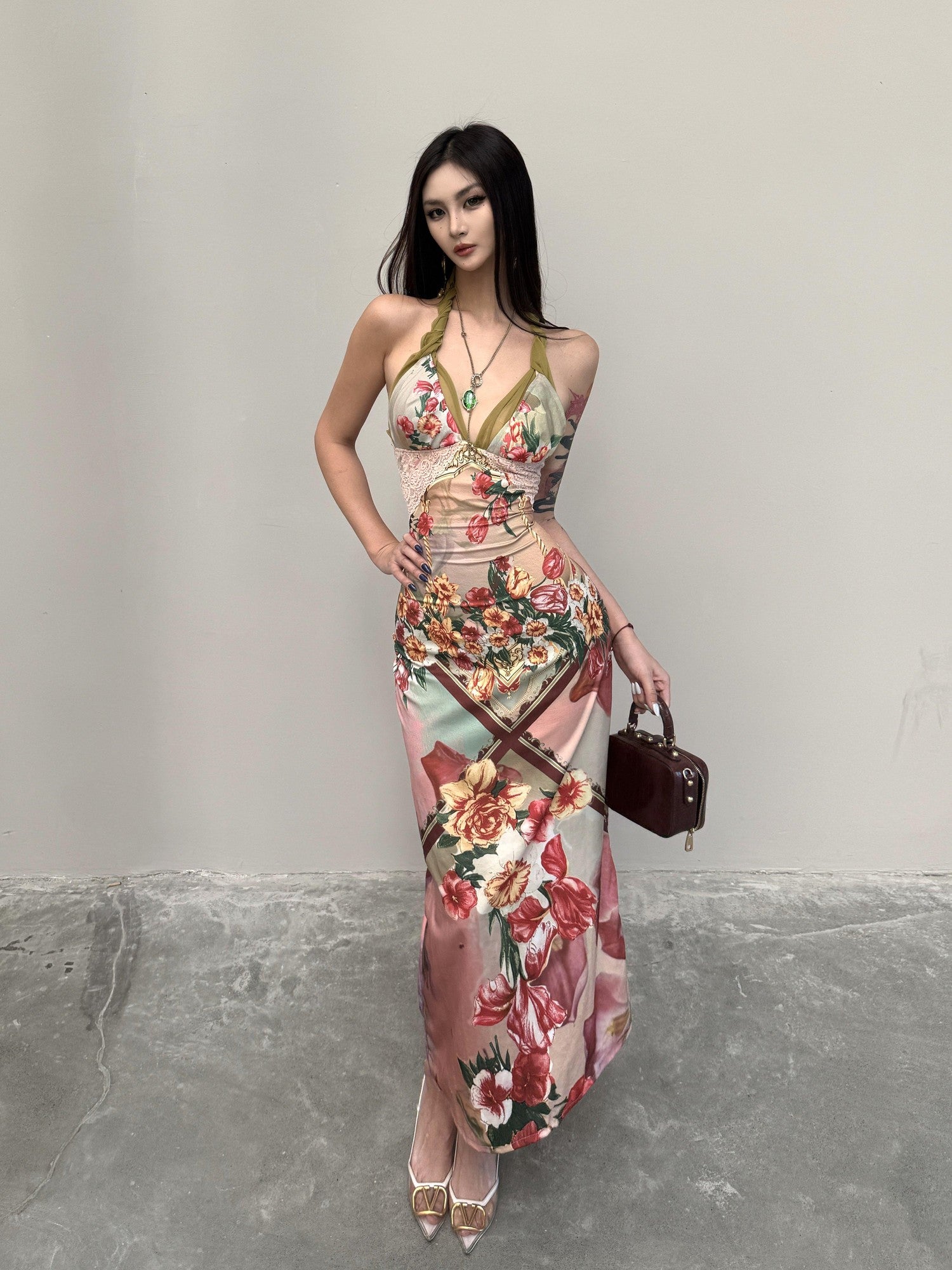 mss studio Romantic Floral Print Spliced Lace Slimming Women&