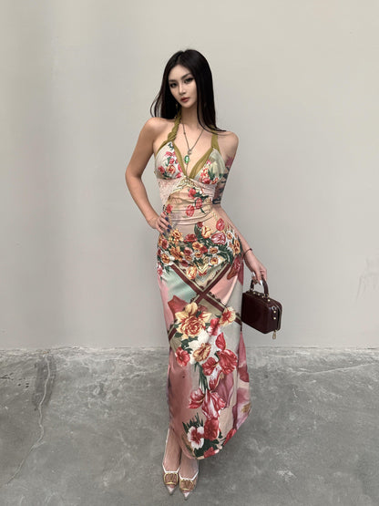 mss studio Romantic Floral Print Spliced Lace Slimming Women&
