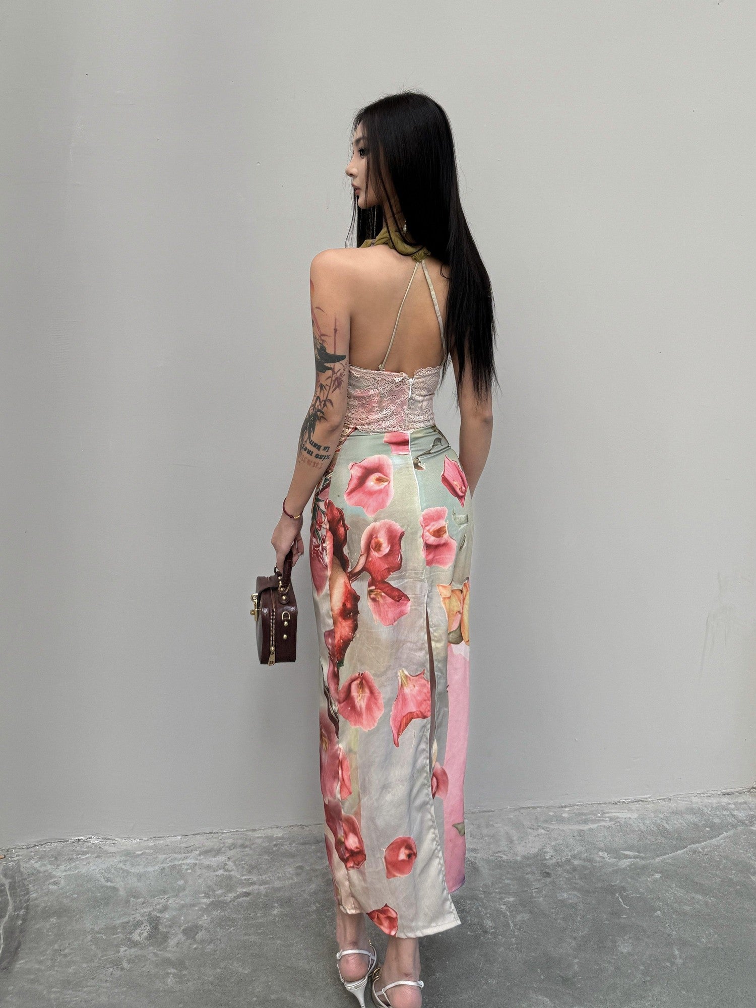 mss studio Romantic Floral Print Spliced Lace Slimming Women&