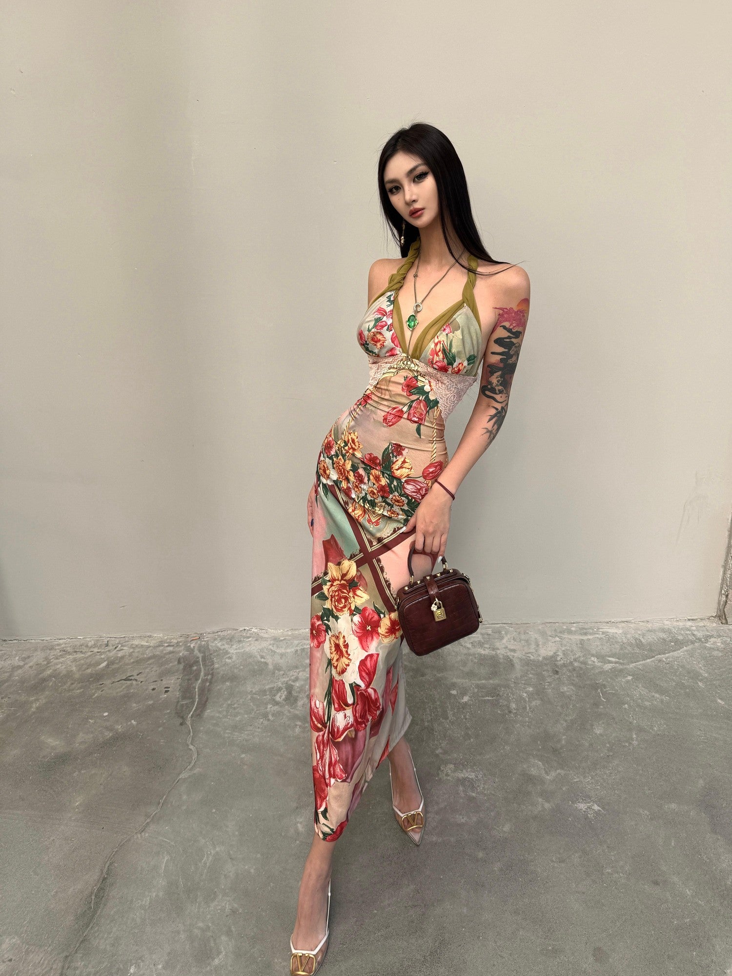 mss studio Romantic Floral Print Spliced Lace Slimming Women&