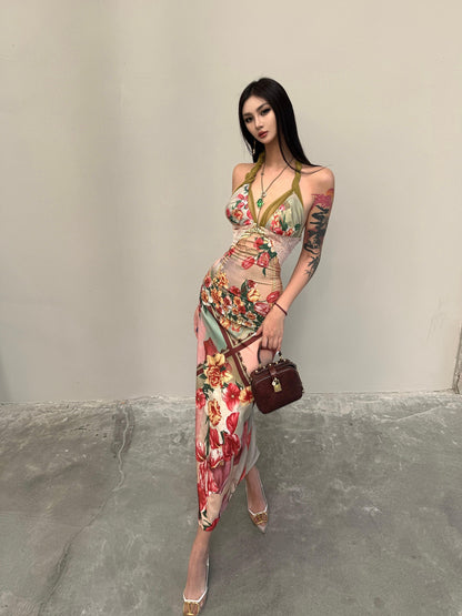 mss studio Romantic Floral Print Spliced Lace Slimming Women&