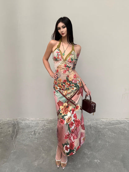 mss studio Romantic Floral Print Spliced Lace Slimming Women&