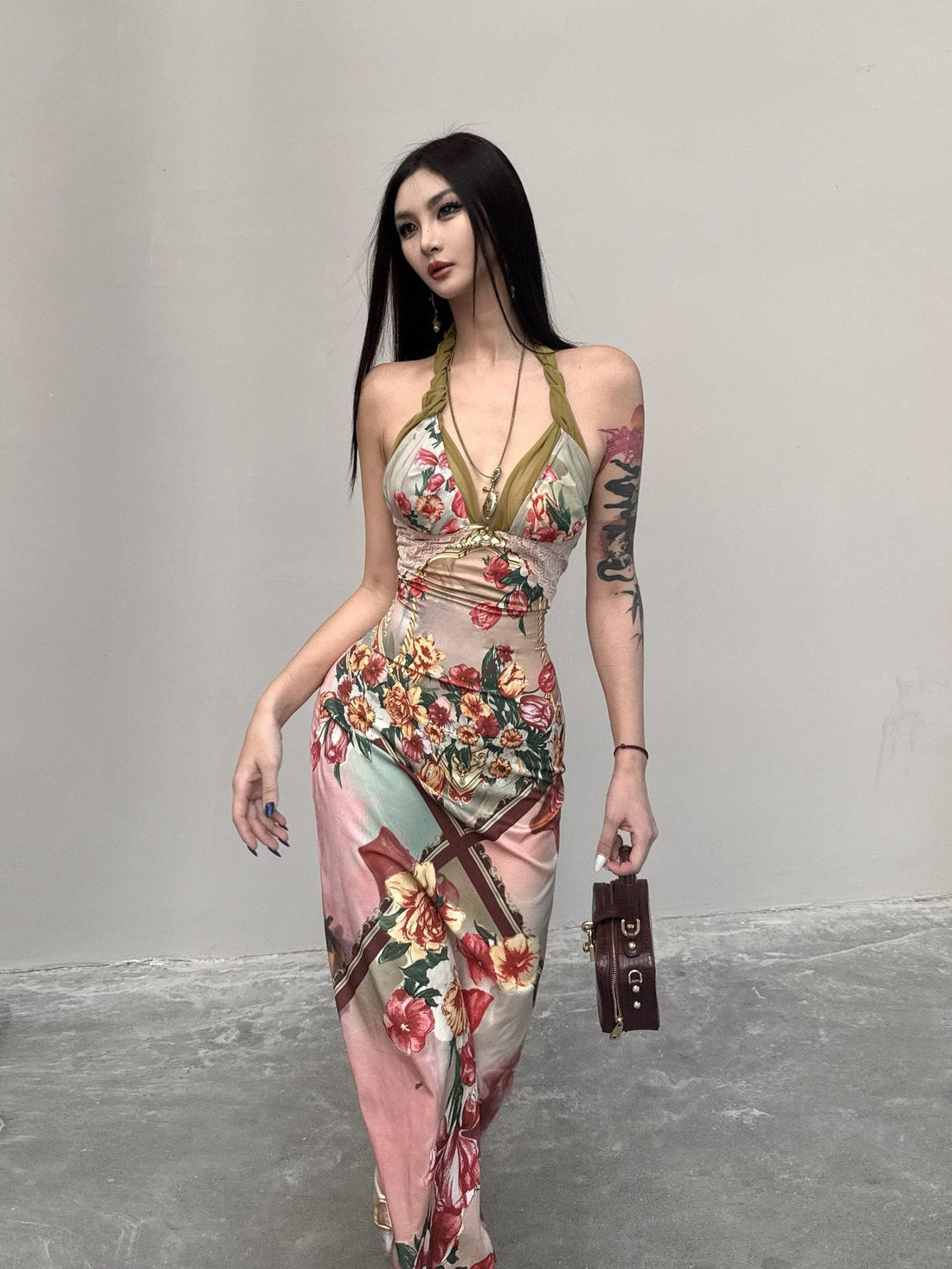 mss studio Romantic Floral Print Spliced Lace Slimming Women&