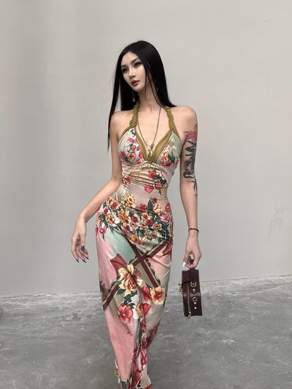 mss studio Romantic Floral Print Spliced Lace Slimming Women&
