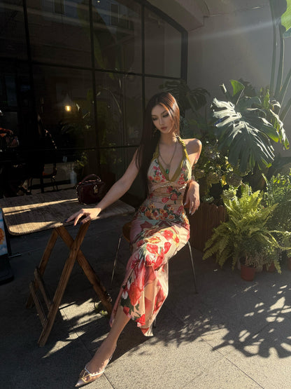 mss studio Romantic Floral Print Spliced Lace Slimming Women&