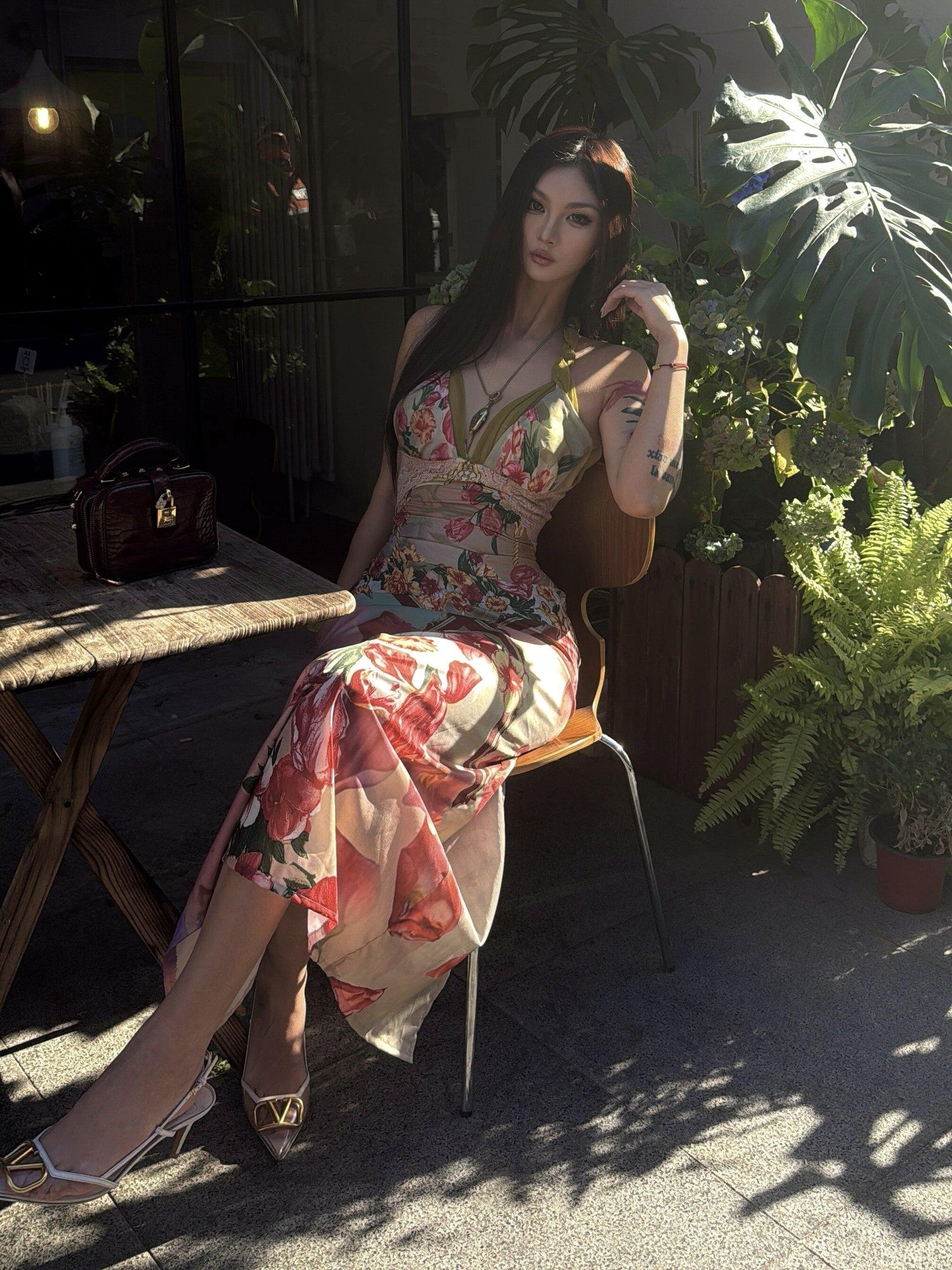 mss studio Romantic Floral Print Spliced Lace Slimming Women&