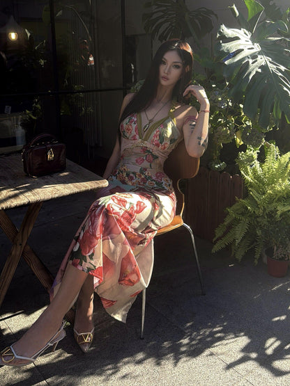 mss studio Romantic Floral Print Spliced Lace Slimming Women&