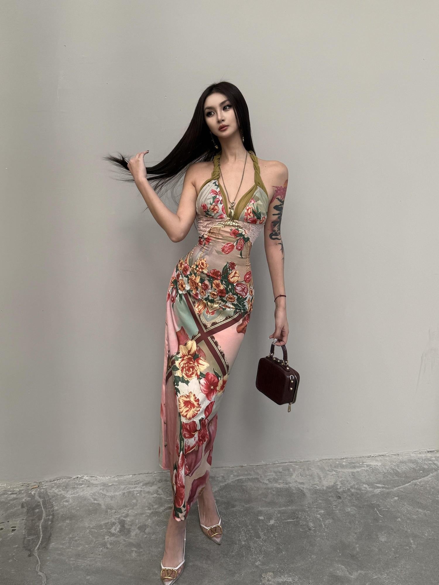mss studio Romantic Floral Print Spliced Lace Slimming Women&
